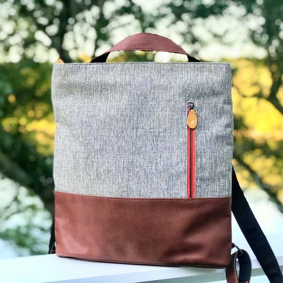 Convertible Backpack Tote Crossbody - Gray Tweed/Brown - Picture 1 of 6